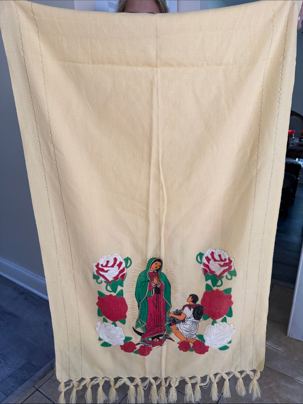 Yellow Devotional Shawl with Virgin of Guadalupe Motif